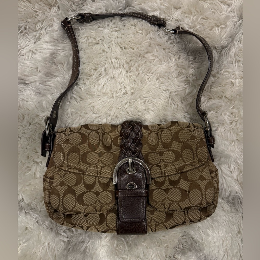 Coach Brown Soho Signature Canvas Shoulder Bag with Braided Leather Trim